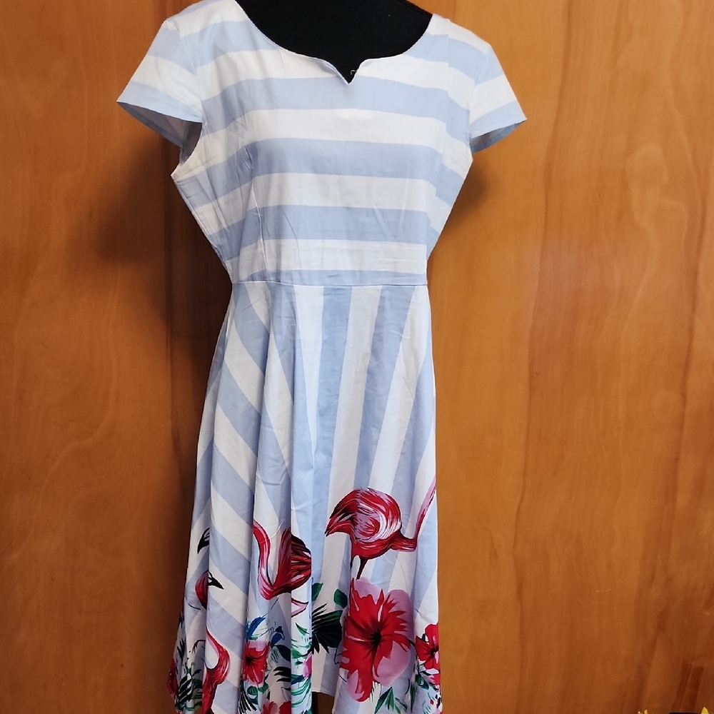 Striped Blue and White Floral Flamingo Dress